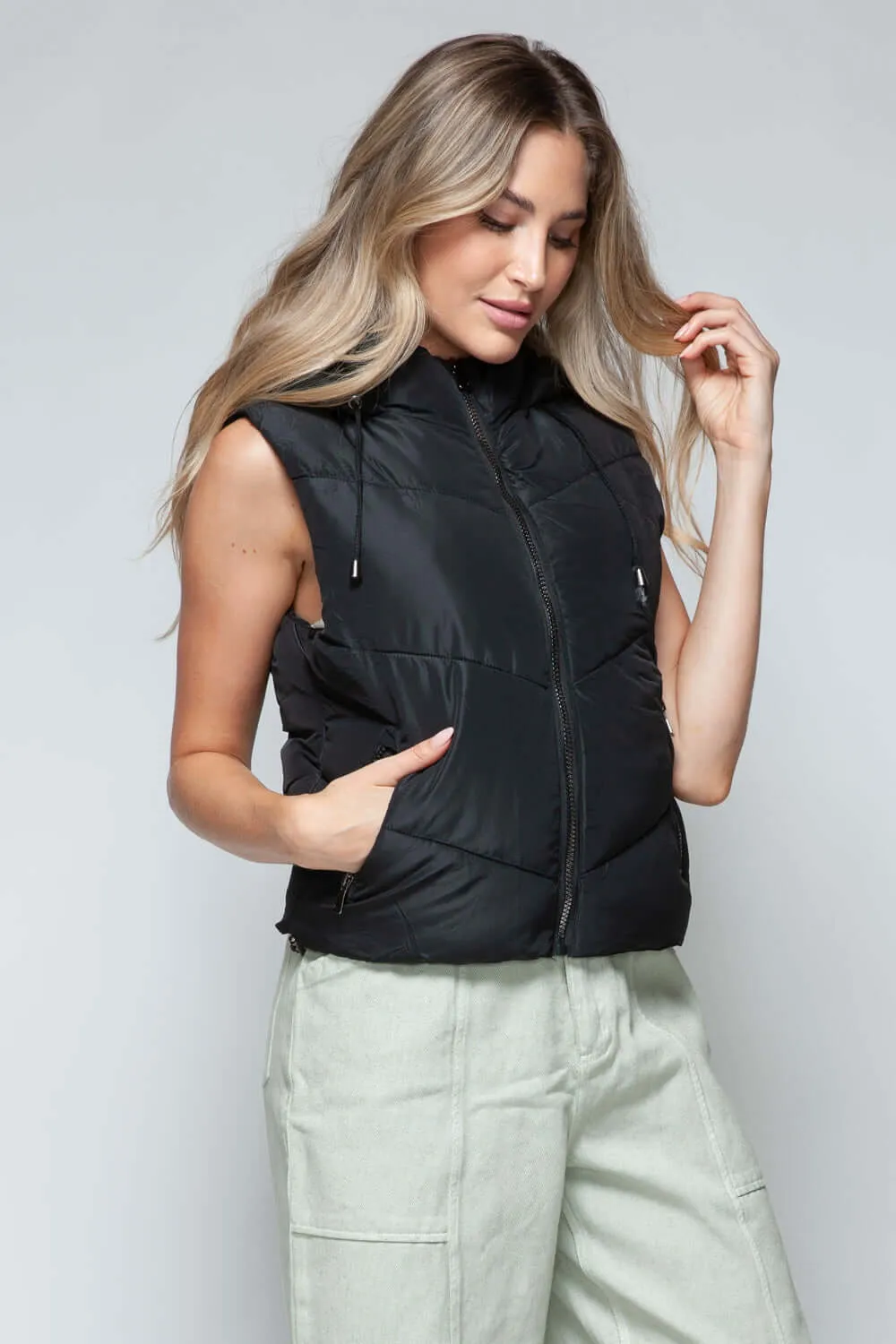 Black Zip Up Quilted Hooded Vest Jacket