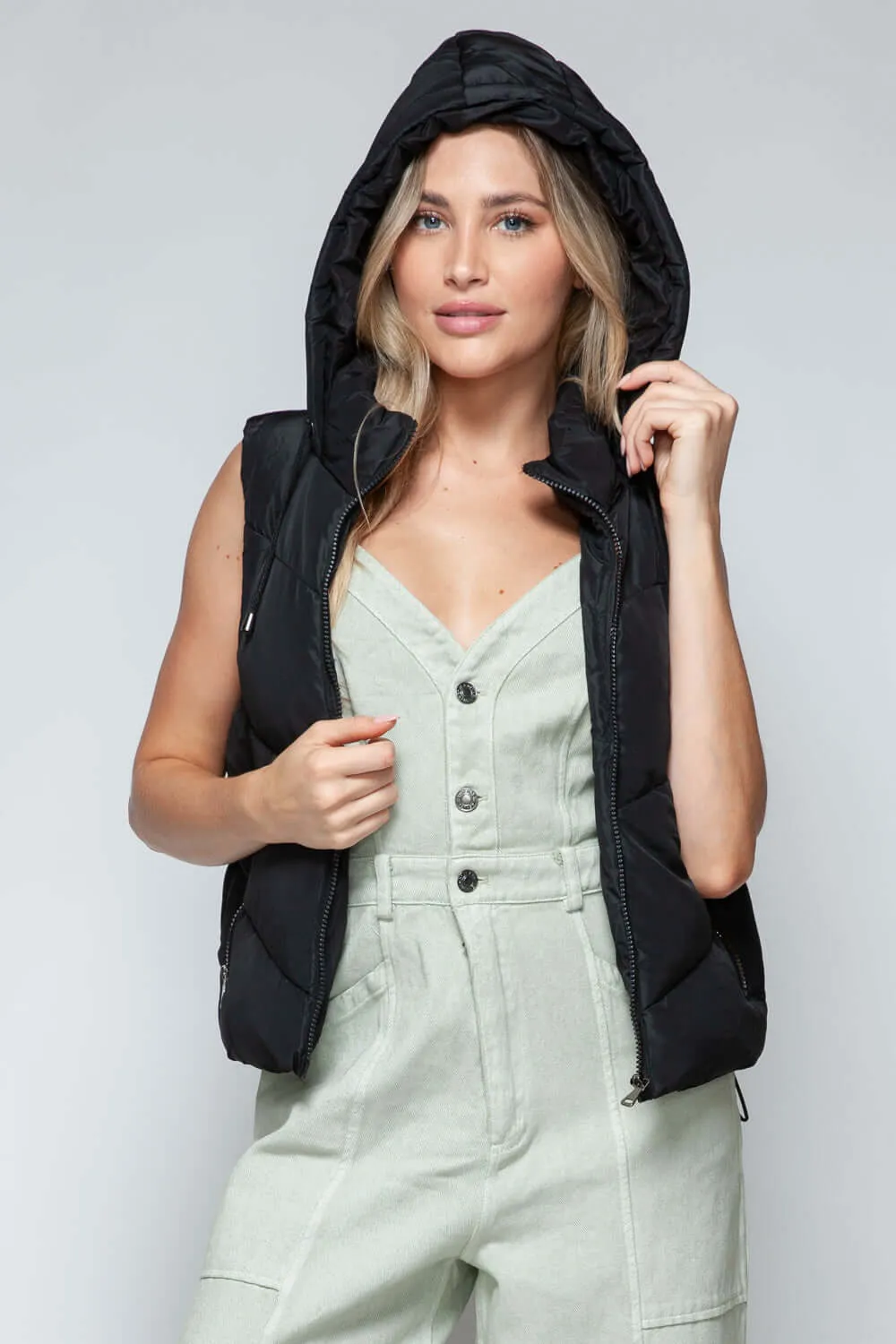 Black Zip Up Quilted Hooded Vest Jacket