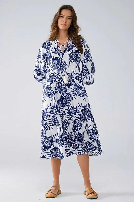 Boho Maxi Dress with Balloon Sleeves and Leaf Print in Navy and White