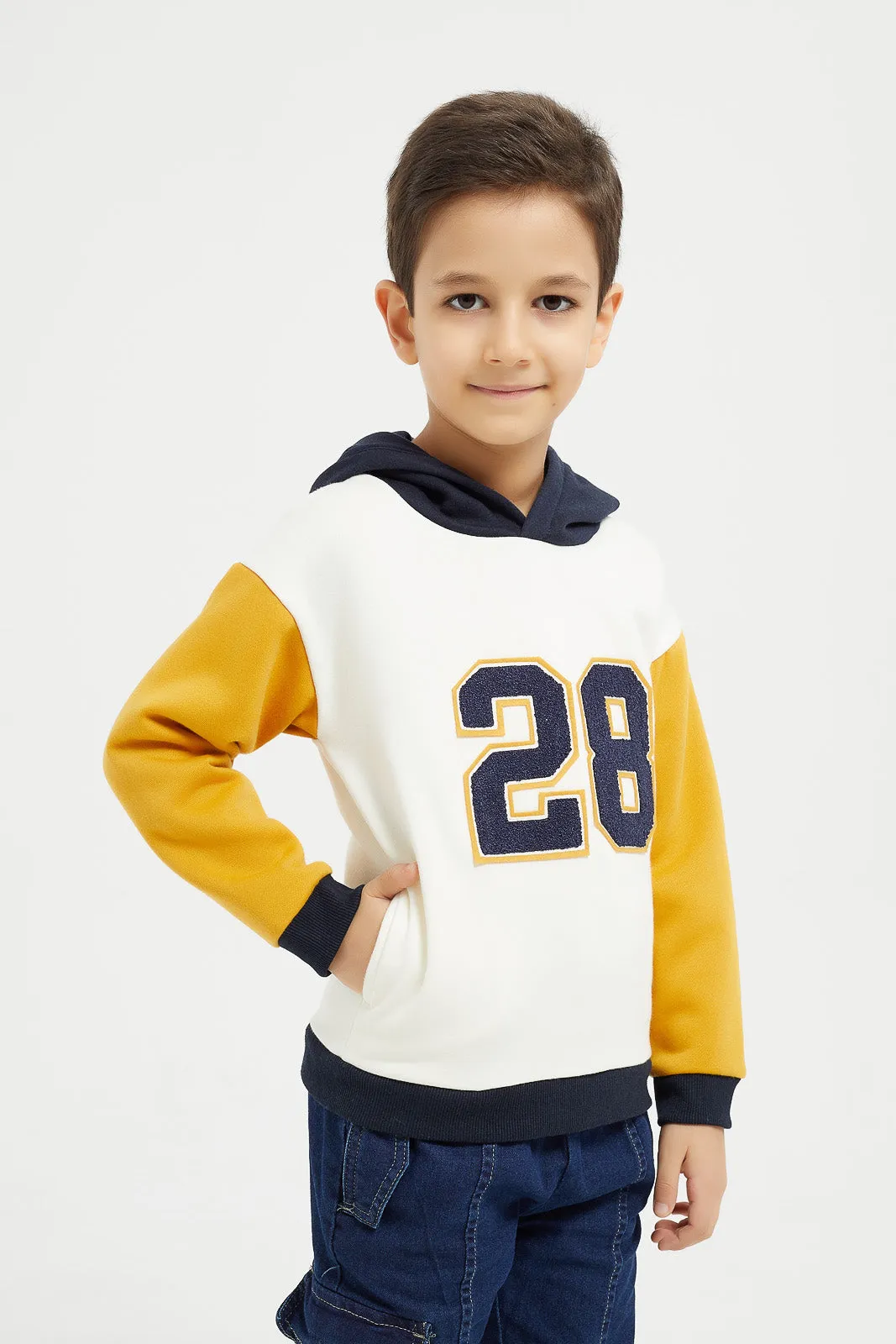 Boys White 28 Embroidery Hooded Sweatshirt