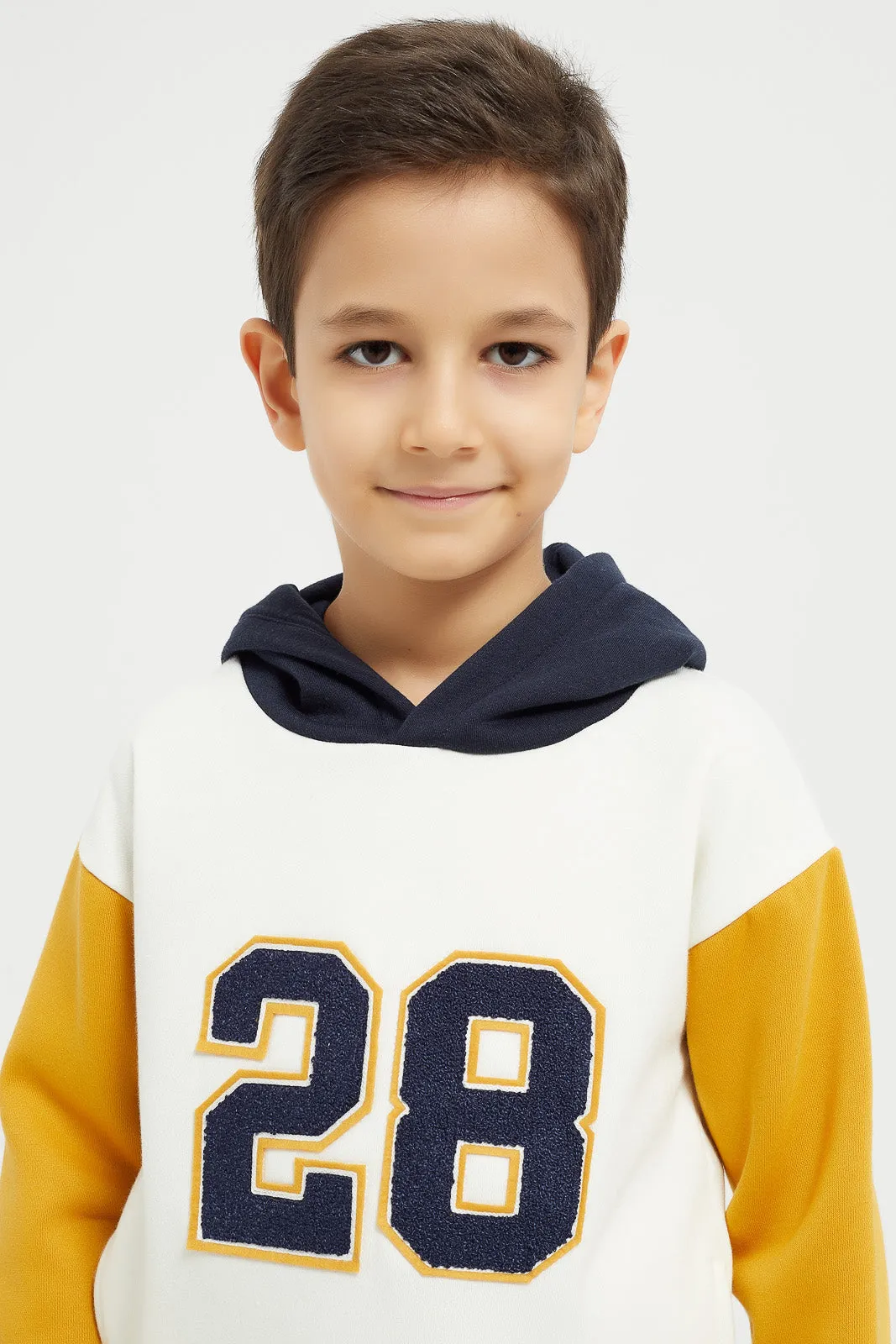 Boys White 28 Embroidery Hooded Sweatshirt