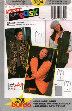 Burda 3394 PLUS Size Womens Vests 1990s Vintage Sewing Pattern Sizes 18 - 30 UNCUT Factory Folded