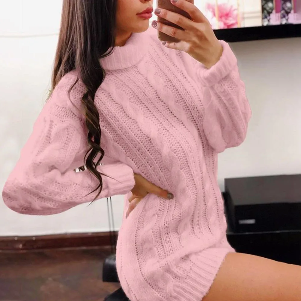 Casual ladies sweater dress winter high neck pullover long sleeve knitted mini bag hip skirt