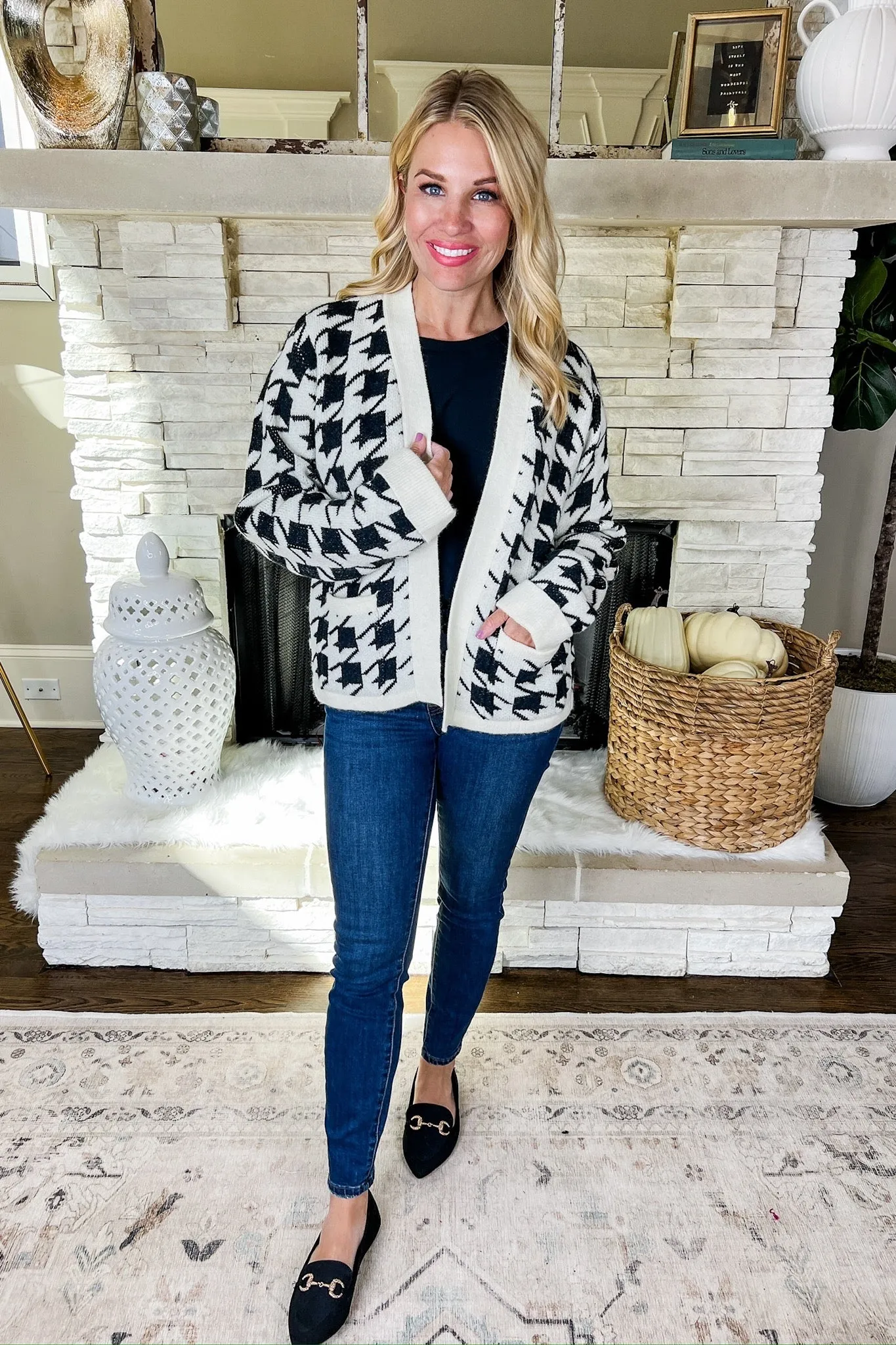 Classic Houndstooth Shawl Collar Pocketed Cardigan