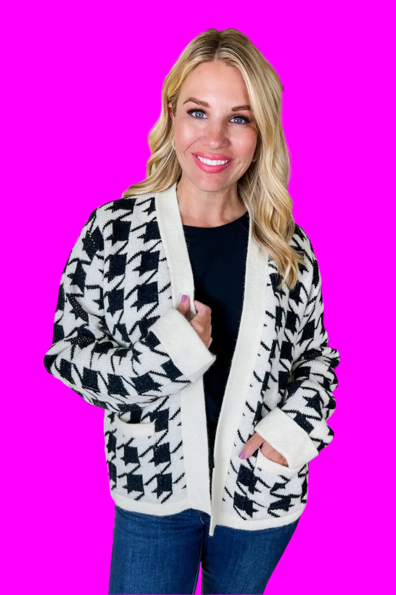 Classic Houndstooth Shawl Collar Pocketed Cardigan