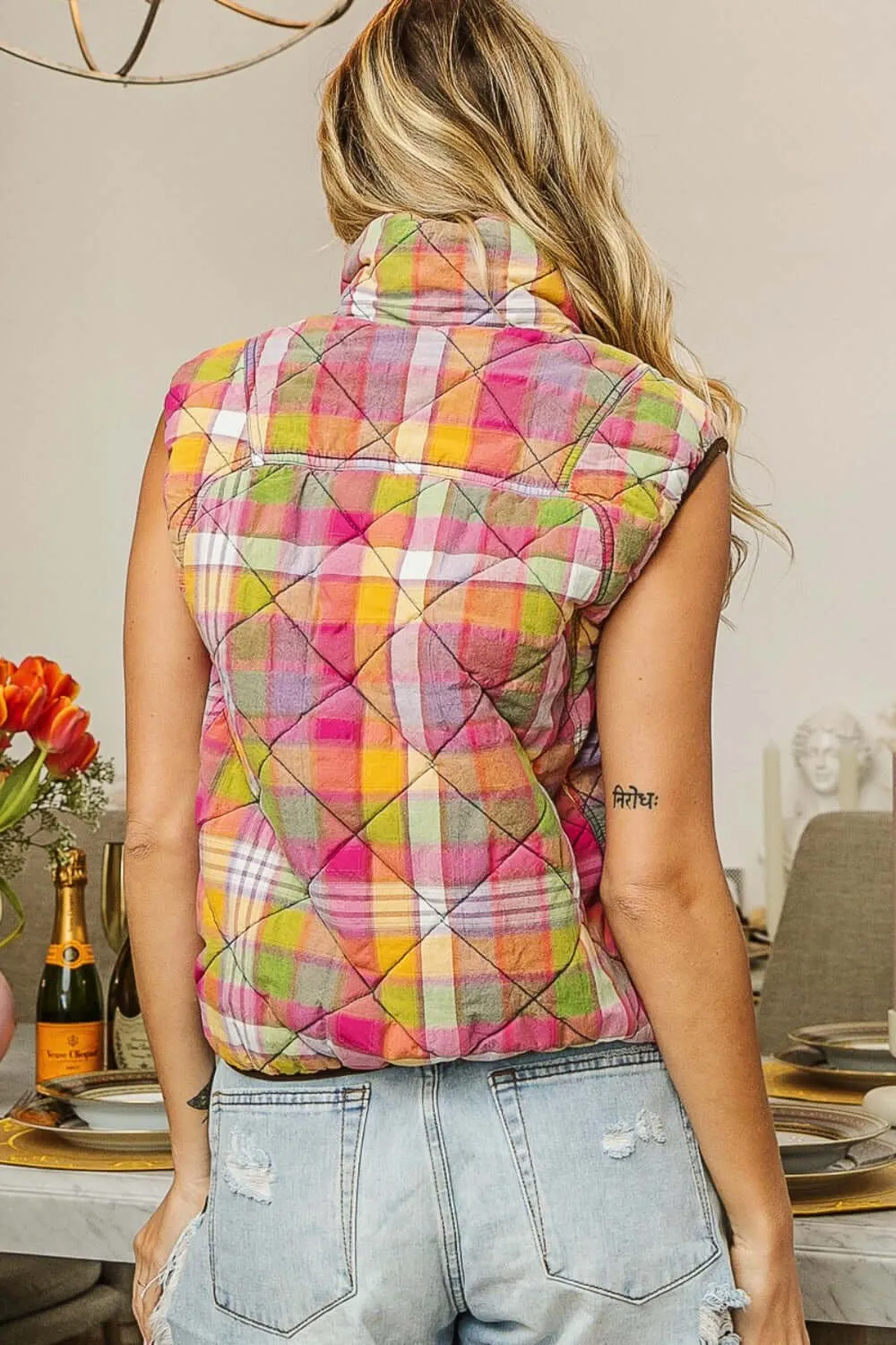 Colorful Quilted Washed Plaid Snap Down Vest