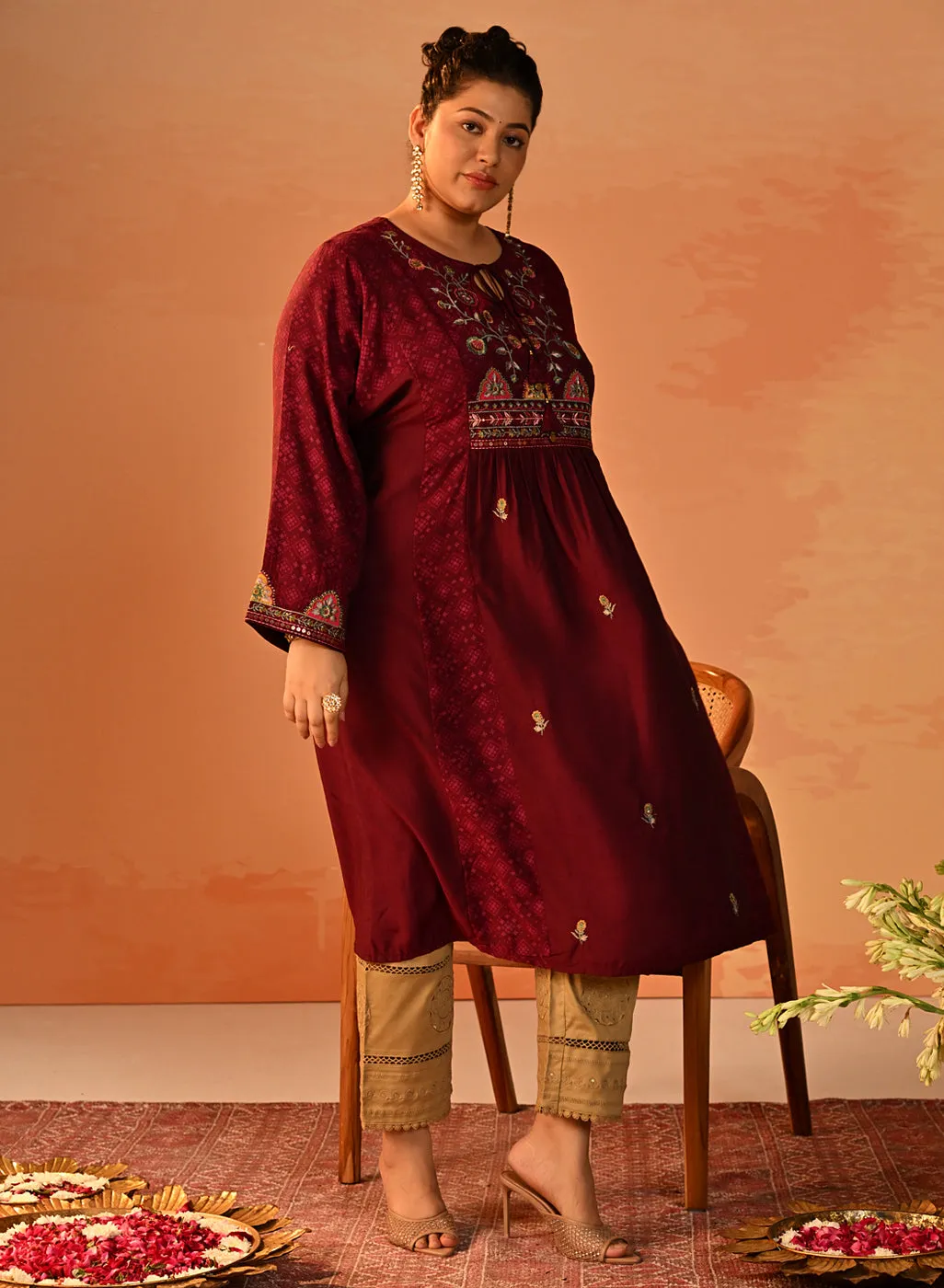 Dia Wine Printed Rayon Kurta for Women