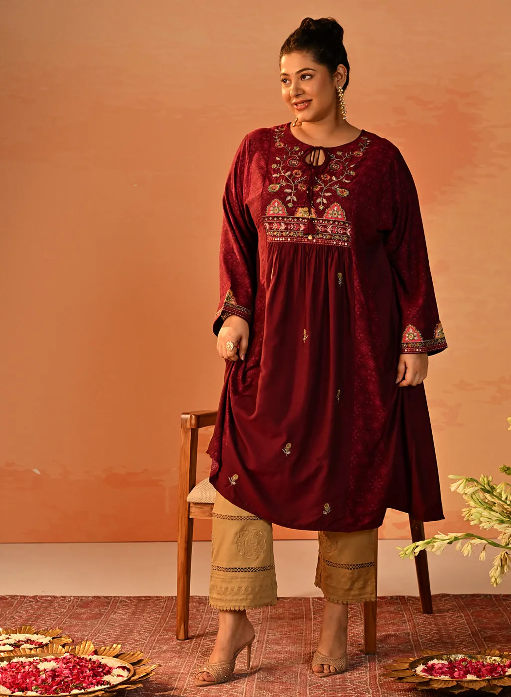 Dia Wine Printed Rayon Kurta for Women