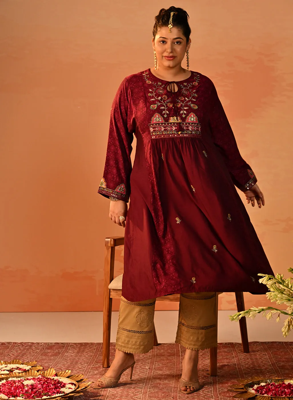 Dia Wine Printed Rayon Kurta for Women