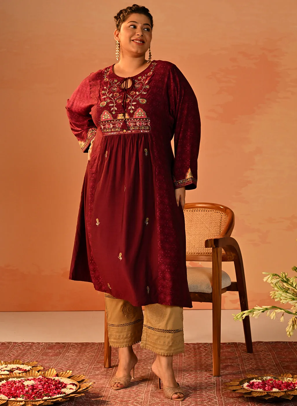 Dia Wine Printed Rayon Kurta for Women