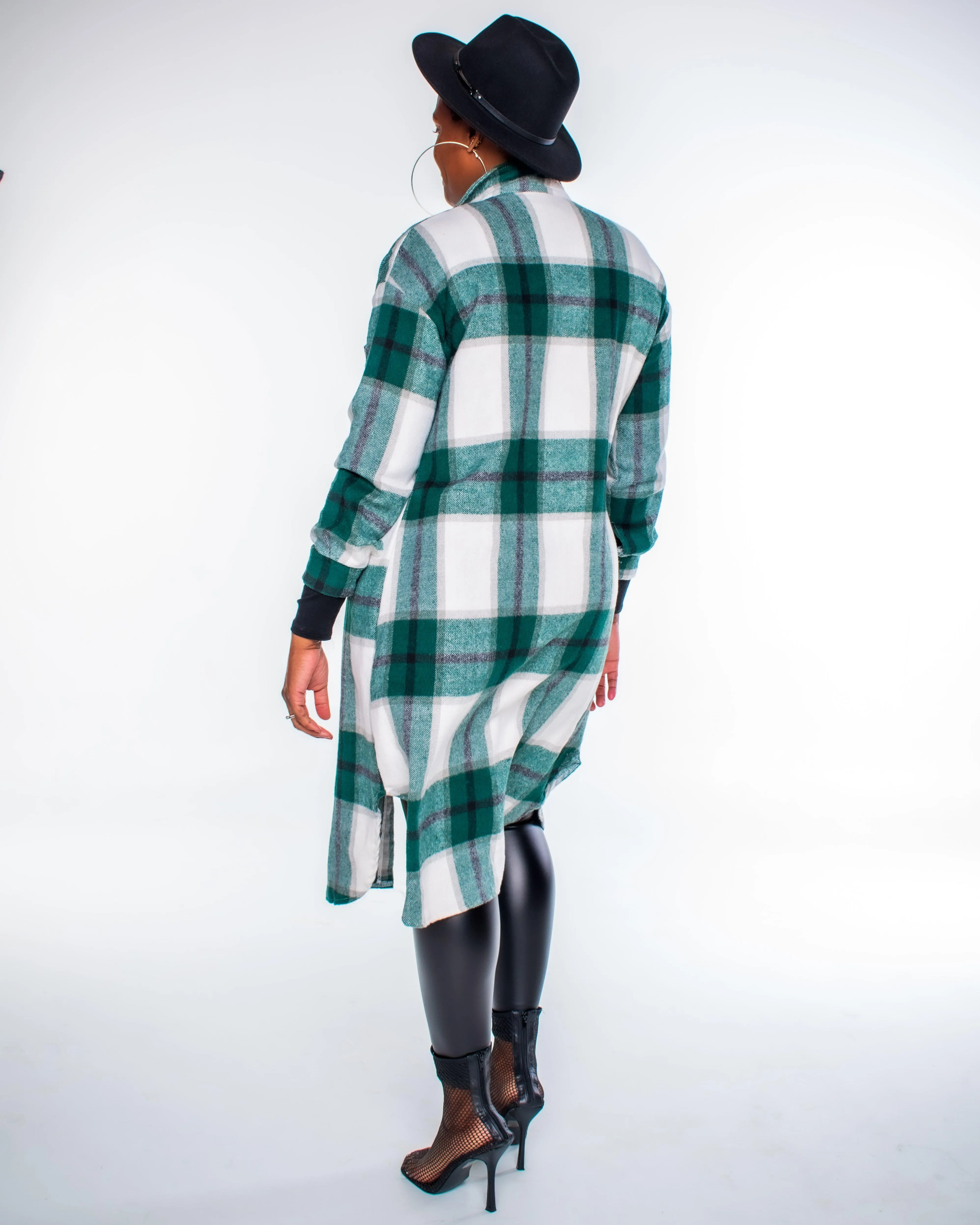 Green Plaid Long Sleeve Shirt Jacket (Shacket)