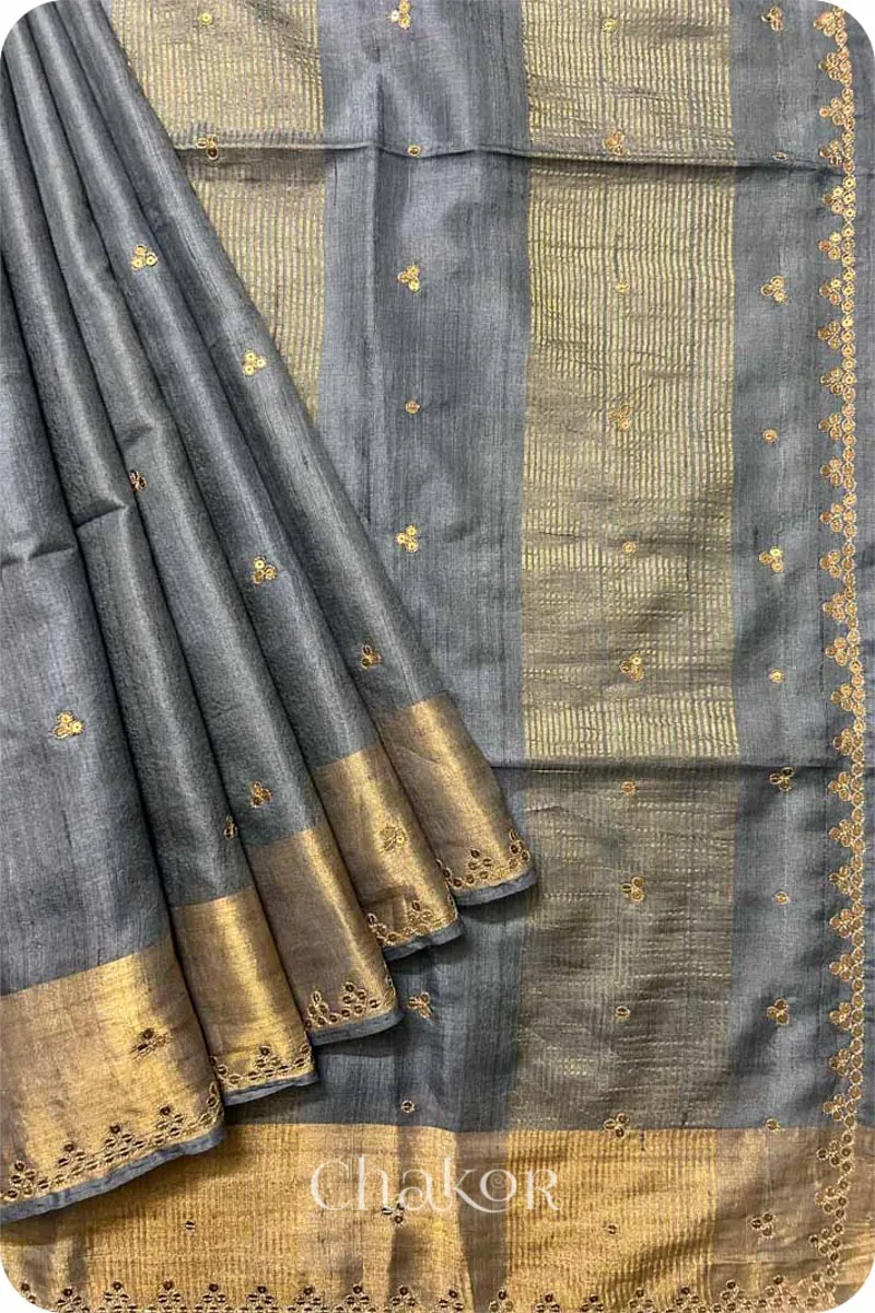 Grey Tussar Silk Saree