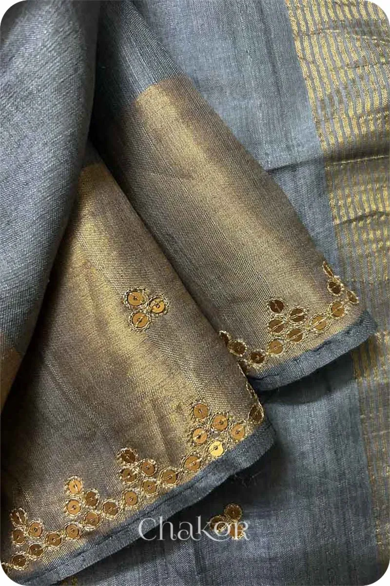 Grey Tussar Silk Saree