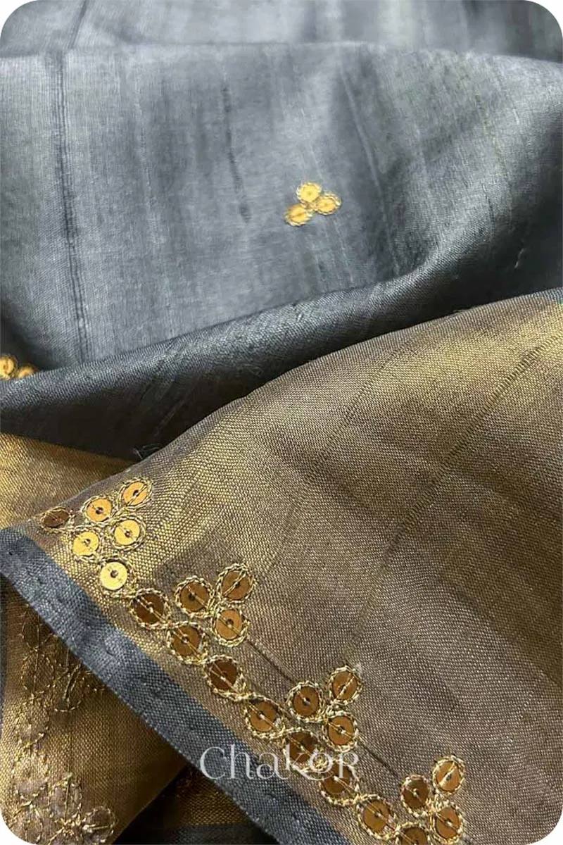 Grey Tussar Silk Saree