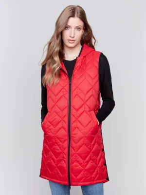 Long Quilted Puffer Vest with Hood - Cranberry