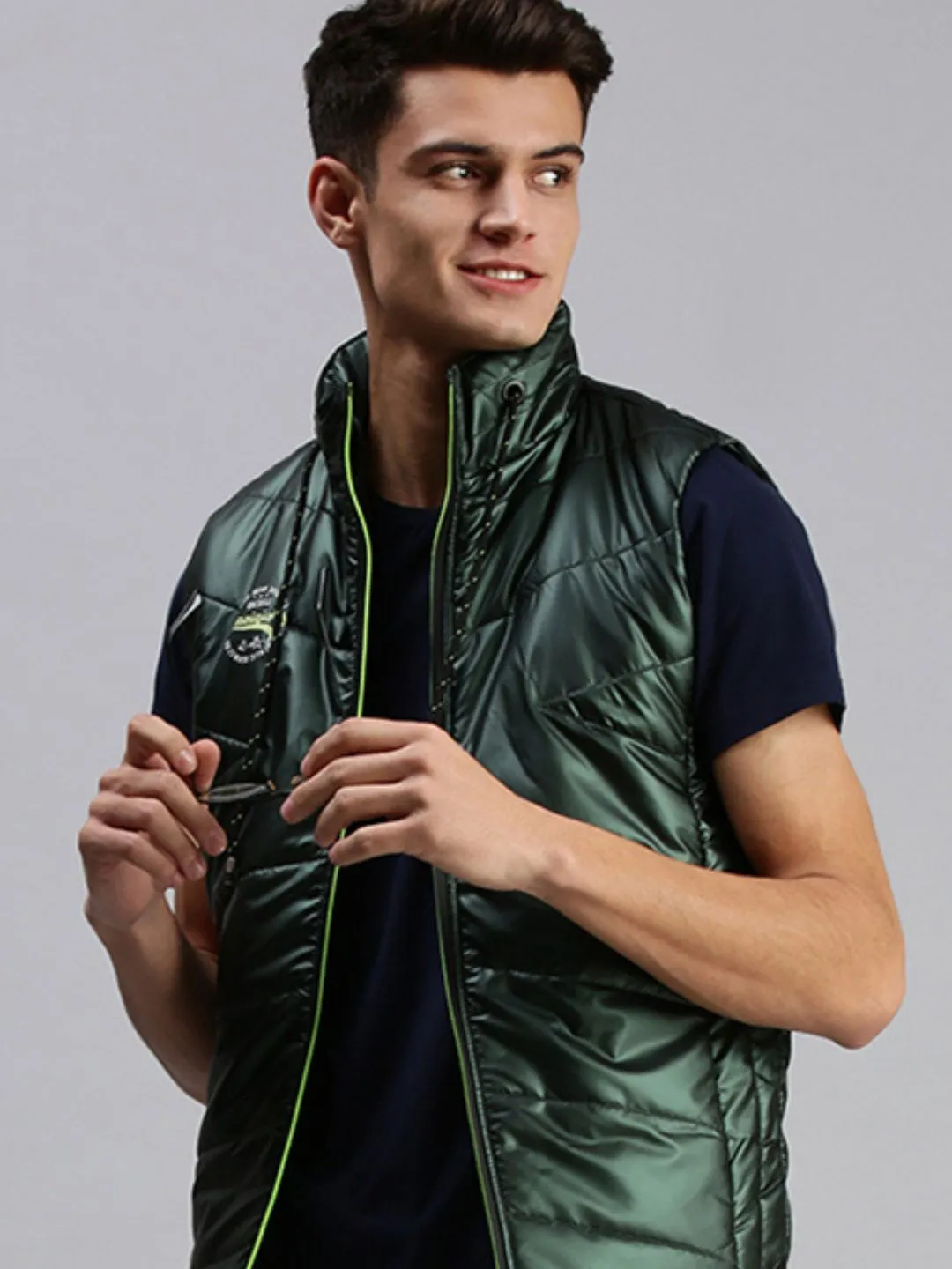 Men Solid Green Padded Jacket