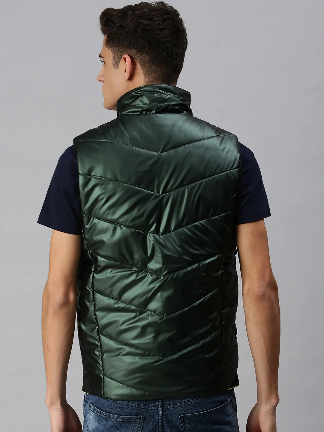 Men Solid Green Padded Jacket