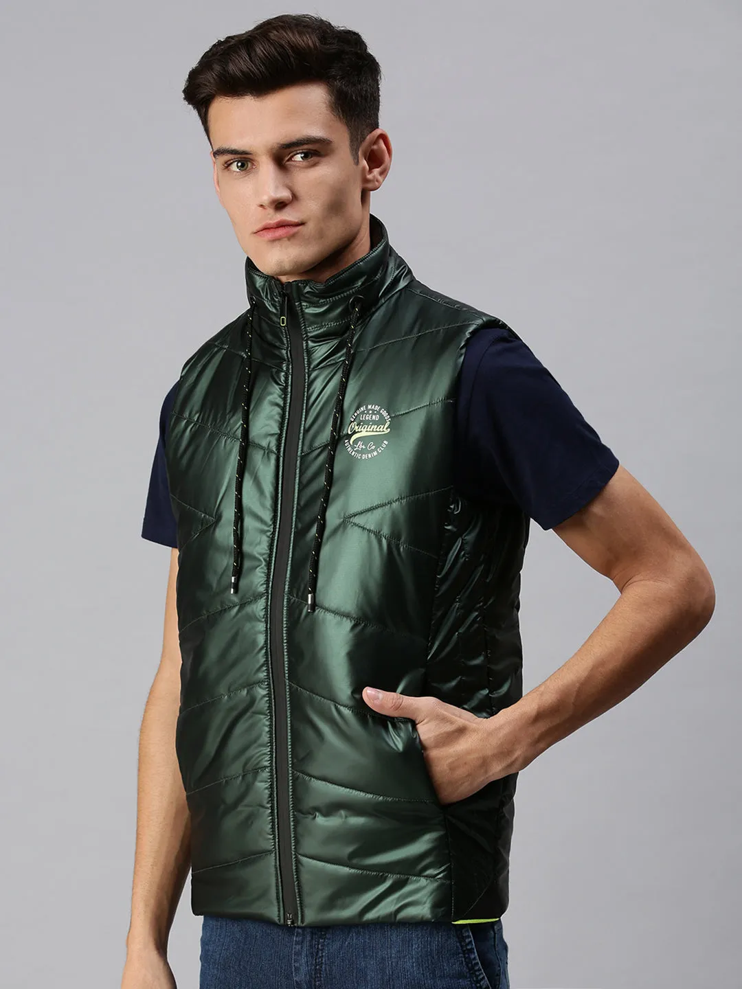 Men Solid Green Padded Jacket