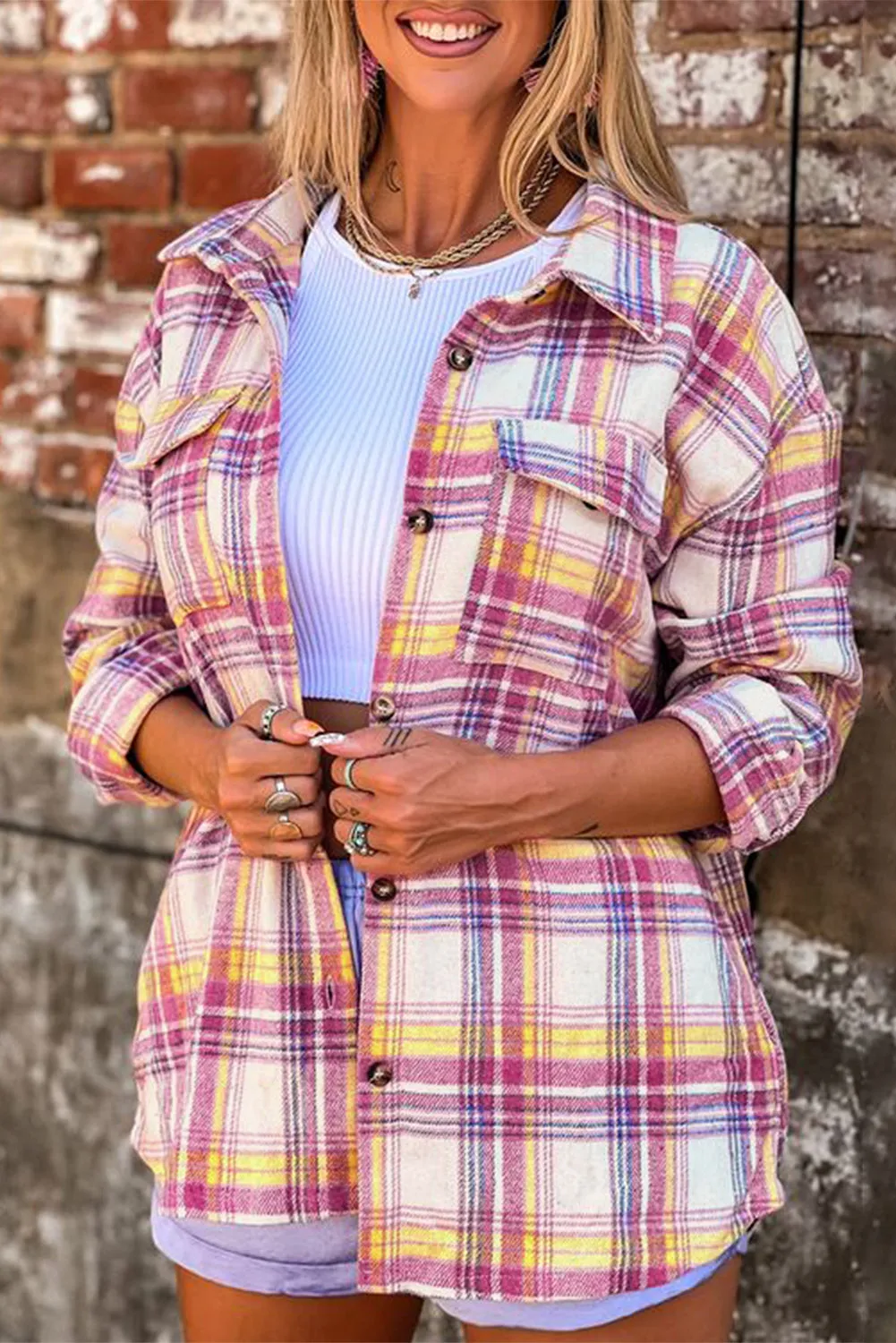 Plaid Rounded Hem Shirt Jacket