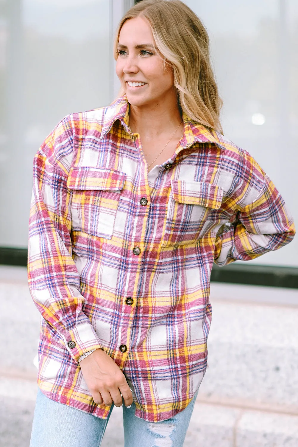 Plaid Rounded Hem Shirt Jacket