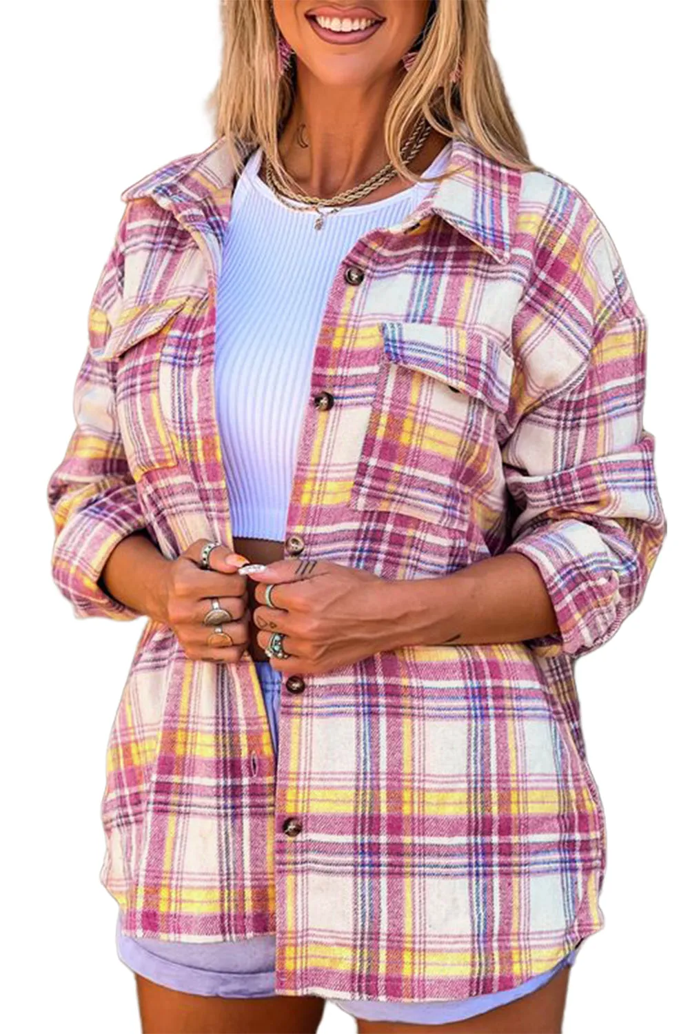 Plaid Rounded Hem Shirt Jacket