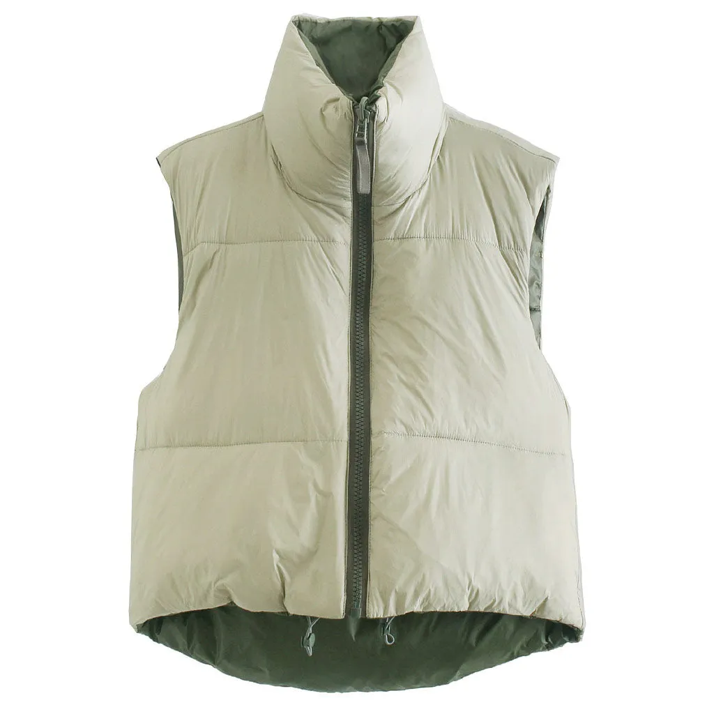 Reversible High Neck Zip Front Drawstring Edging Quilted Vest - Green