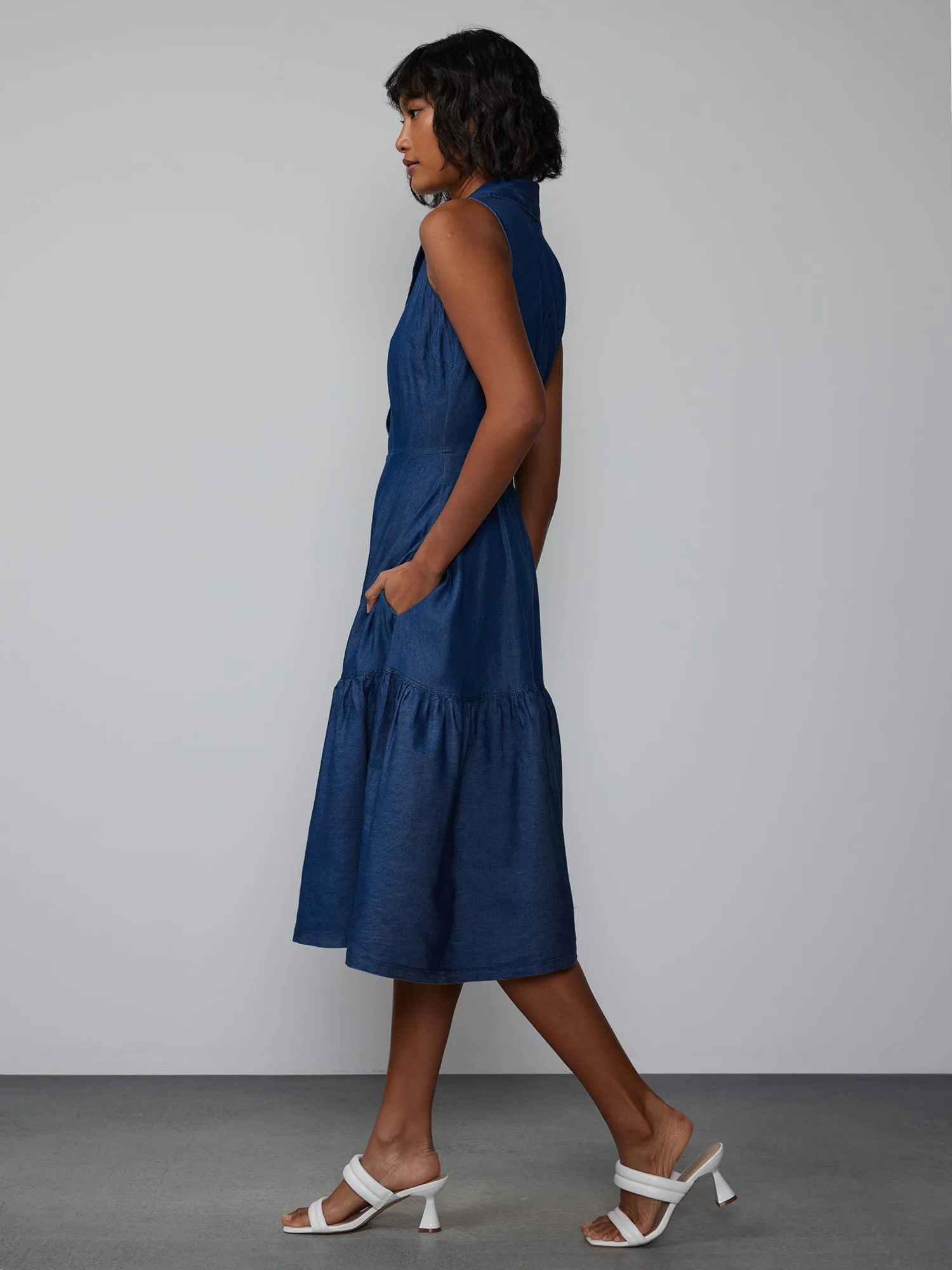 Sleeveless Chambray Collared Midi Dress