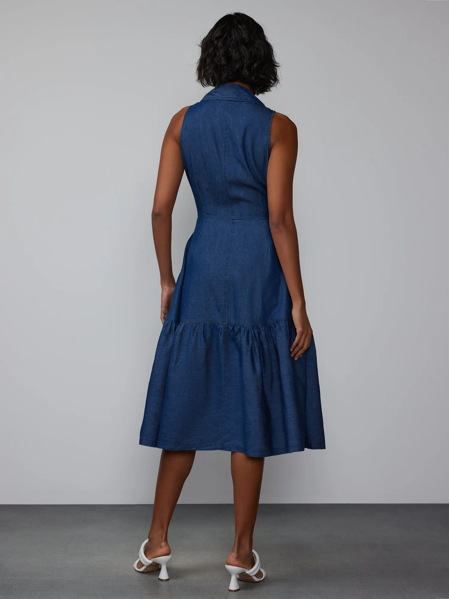 Sleeveless Chambray Collared Midi Dress