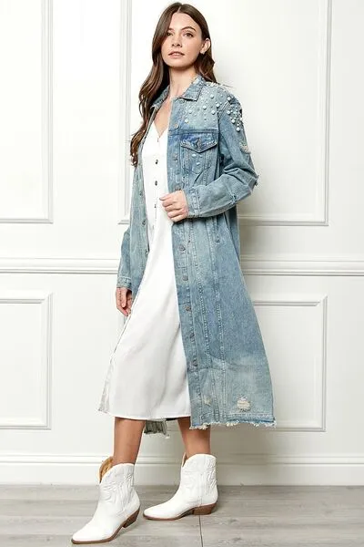 Veveret Distressed Raw Hem Pearl Detail Button Up Jacket