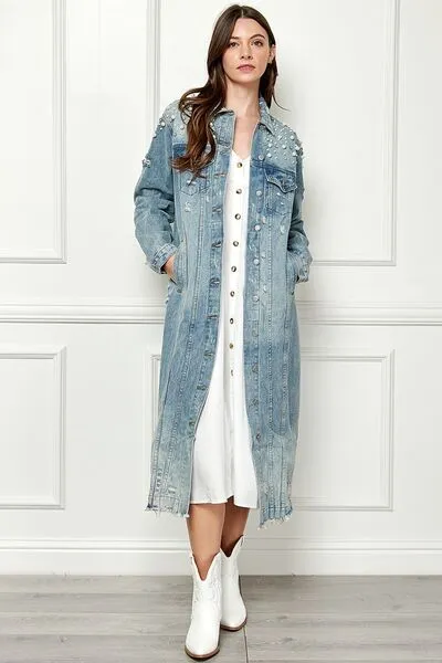 Veveret Distressed Raw Hem Pearl Detail Button Up Jacket