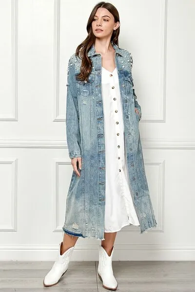 Veveret Distressed Raw Hem Pearl Detail Button Up Jacket