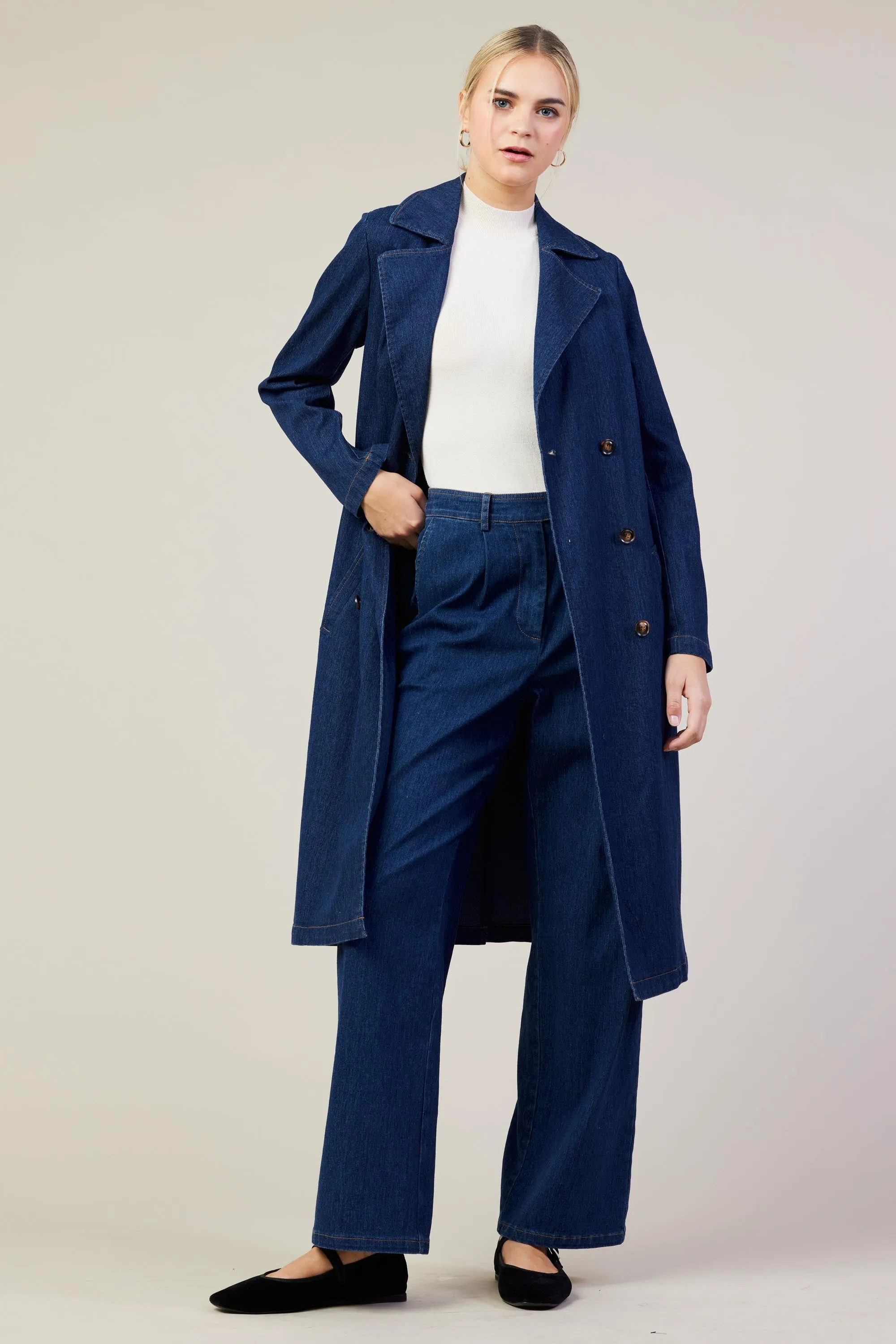 Washed Denim Trench Coat