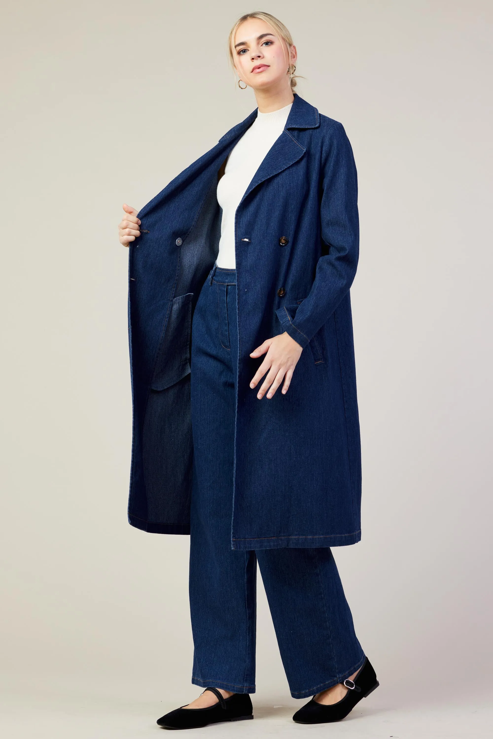 Washed Denim Trench Coat