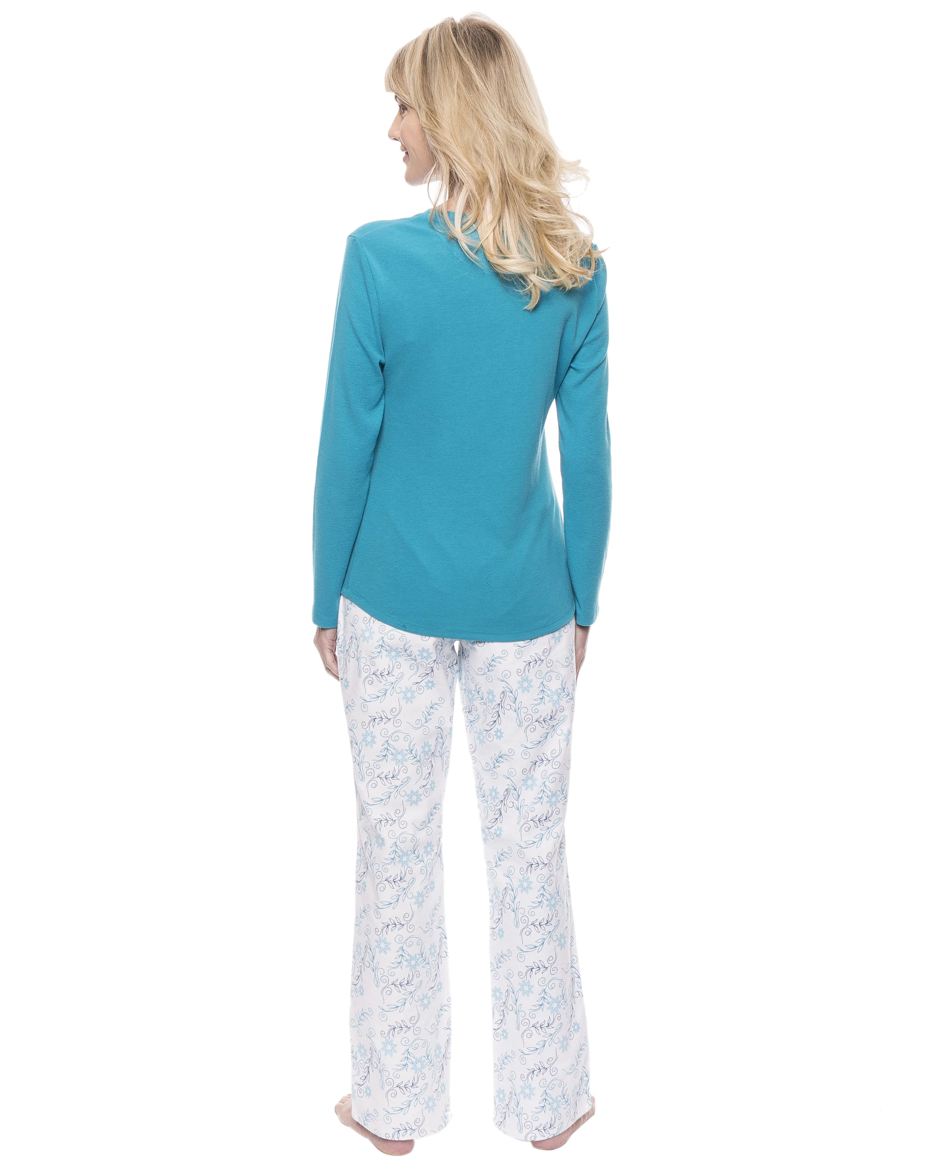 Womens Cotton Flannel Lounge Set with Henley Top - Floral White/Blue